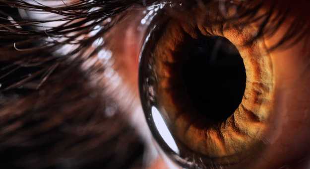 Close-up of an eye, showing details of the iris, pupil, and eyelashes